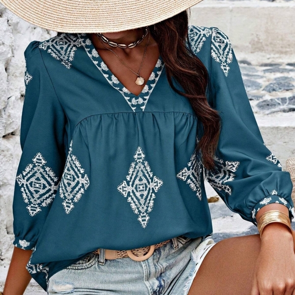 Tops - Country Sheek Embroidered Teal Boho Blouse V Neck Womens M-XL